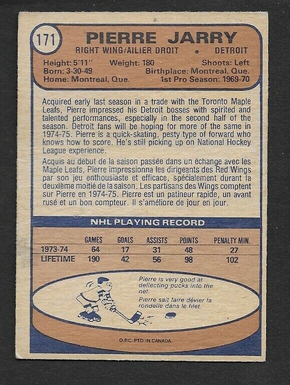 Autographed Detroit Red Wings Pierre Jarry Pistol Pete O-Pee-Chee 1974-75 Card