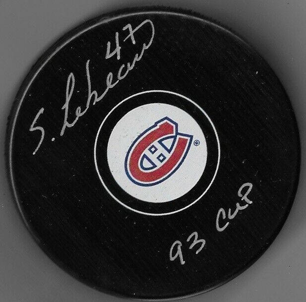 Autographed Montreal Canadiens Stephan Lebeau Puck Inscribed 93 Cup Original