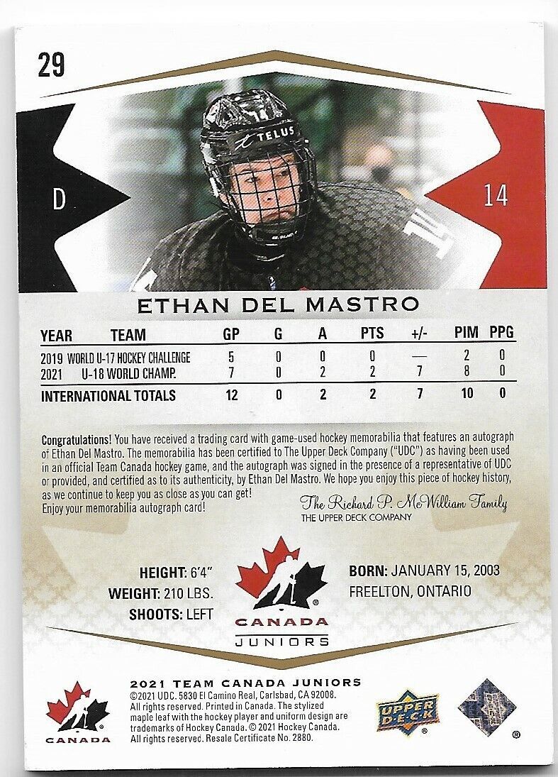 2021 Team Canada Ethan Del Mastro auto patch 042/199