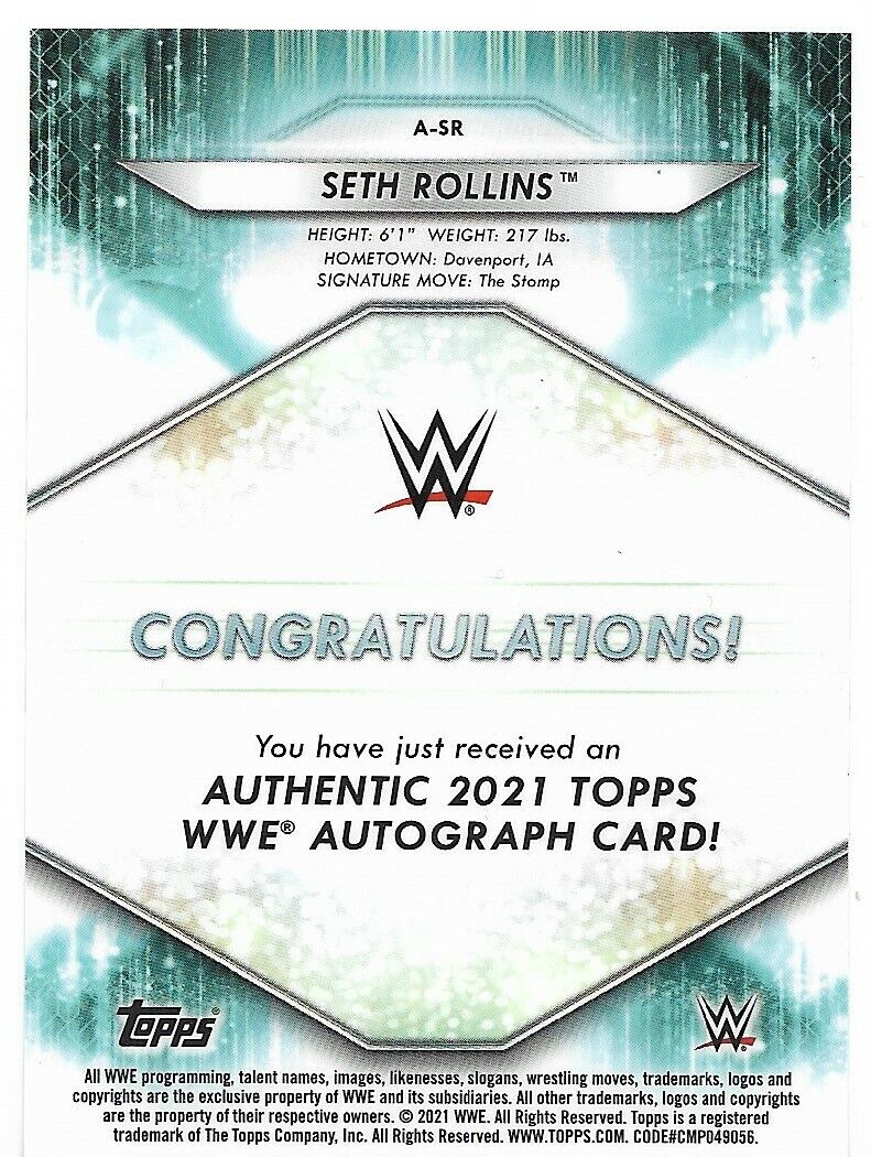 Carte parallèle AUTO 4/5 de la WWE Topps 2021 de Seth Rollins