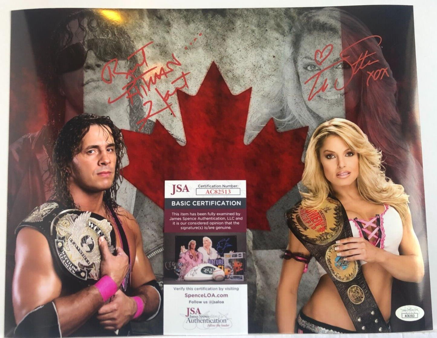 Autographed Trish Stratus and Bret Hart signed 11x14 custom edit JSA