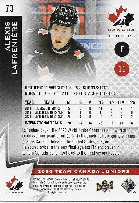 2020 Upper Deck Team Canada Juniors Alexis Lafreniere Card #73