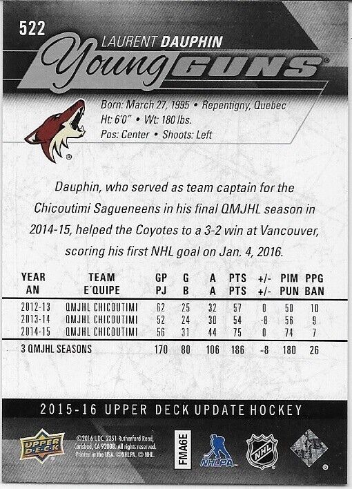 Autographed 2015-16 UD Arizona Coyotes Young Guns Laurent Dauphin Rookie Card