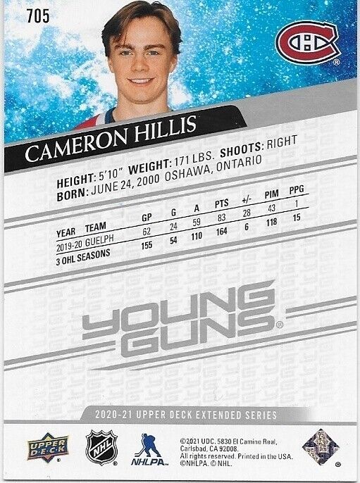 Carte de recrue autographiée Cameron Hillis des Young Guns des Canadiens de Montréal 2020-21