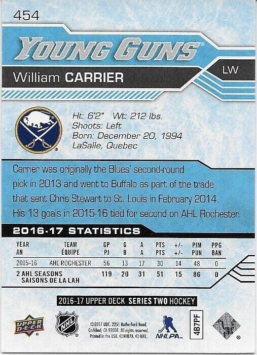 Autographed 2016-17 UD Buffalo Sabres Young Guns Willian Carrier Rookie Card