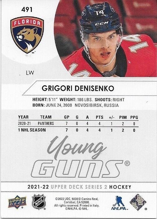 Autographed 2021-22 UD Florida Panthers Young Guns Grigori Denisenko Rookie Card