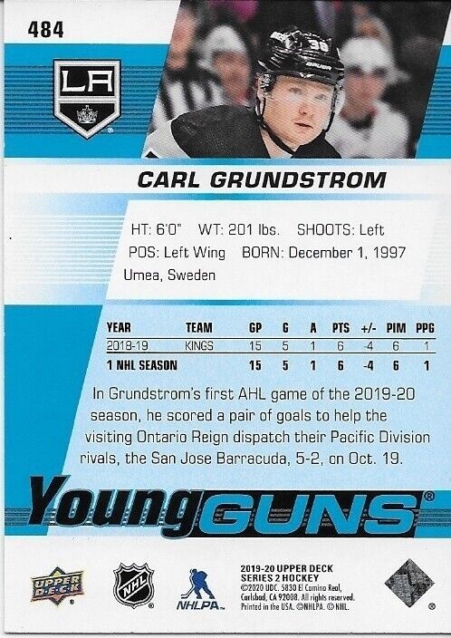 Autographed 2019-20 UD Los Angeles Kings Young Guns Carl Grundstrom Rookie Card