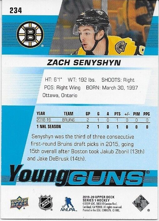 Carte de recrue signée Zach Senyshyn UD 2019-20 Young Guns des Bruins de Boston