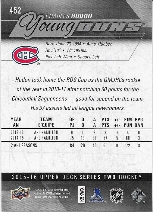 Carte de recrue autographiée Charles Hudon des Young Guns des Canadiens de Montréal 2015-2016