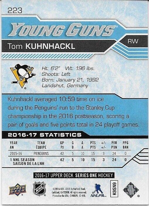 Autographed 2016-17 UD Pittsburgh Penguins Young Guns Tom Kuhnhackl Rookie Card