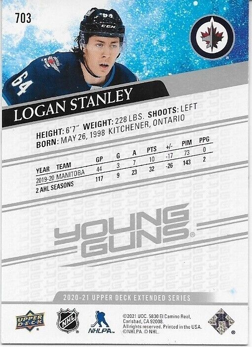 Carte de recrue autographiée UD 2020-21 des Young Guns des Jets de Winnipeg Logan Stanley