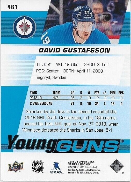 Autographed 2019-20 UD Winnipeg Jets Young Guns David Gustafsson Rookie Card