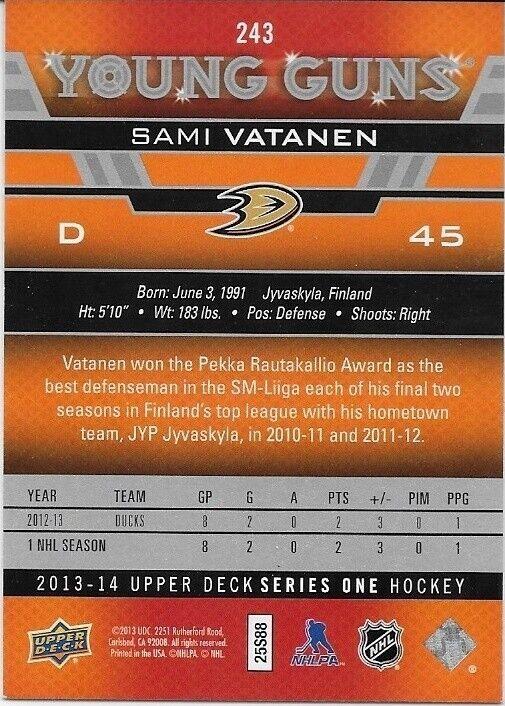 Autographed 2013-14 UD Anaheim Ducks Young Guns Sami Vatanen Rookie Card