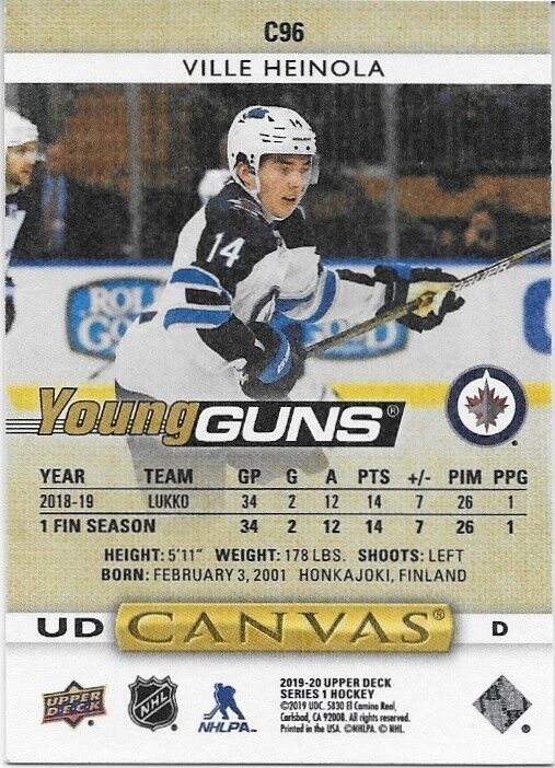Autographed 19-20 UD Winnipeg Jets Young Guns Ville Heinola Canvas Card Original