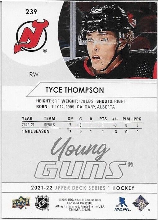 Carte autographiée 21-22 Upper Deck New Jersey Devils Young Guns Tyce Thompson