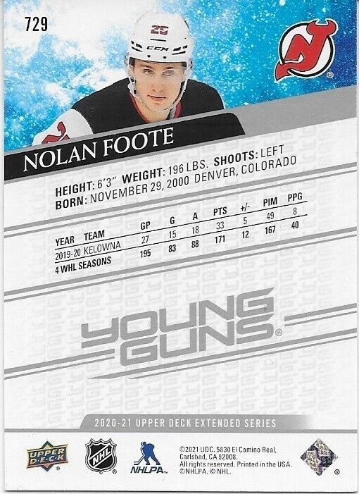 Autographed 20-21 Upper Deck New Jersey Devils Young Guns Nolan Foote Rookie Crd