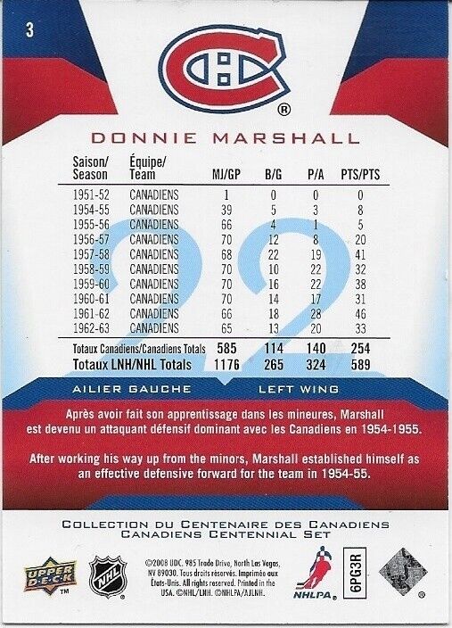 Auto. 2008-09 UD Montreal Canadiens Centennial Donnie Marshall Card Original