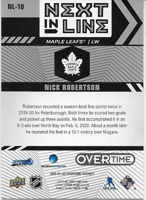 Autographed 20/21 UD Overtime Next in Line Nick Robertson Rookie Card Original