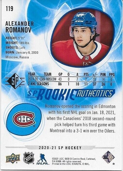 Autographed 20/21 UD SP Hockey Alexander Romanov Montreal Canadiens Rookie Card