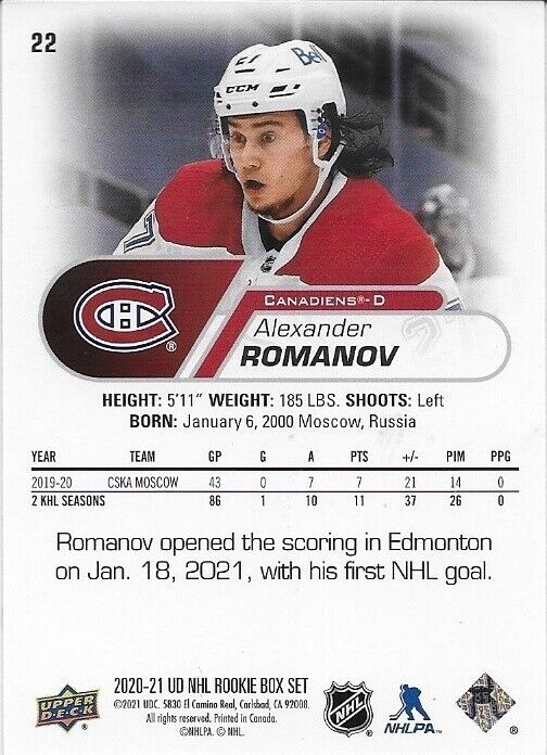 Coffret Rookie UD autographié 20/21 Carte Alexander Romanov des Canadiens de Montréal