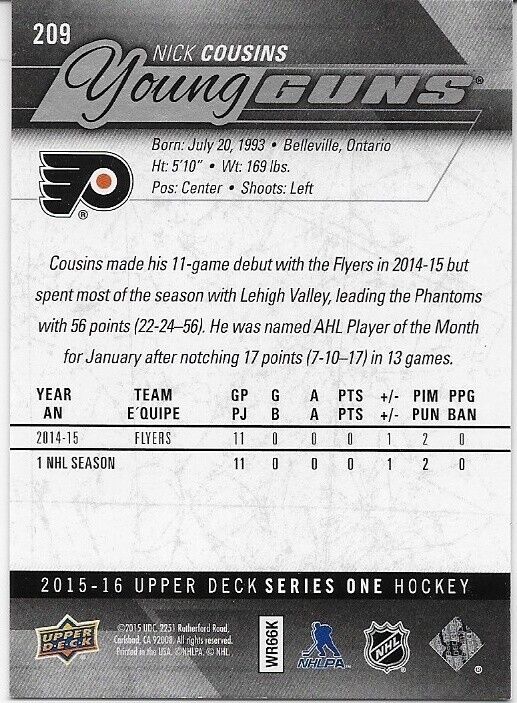 Autographed 15-16 Upper Deck Philadelphia Flyers Nick Cousins Young Guns Card