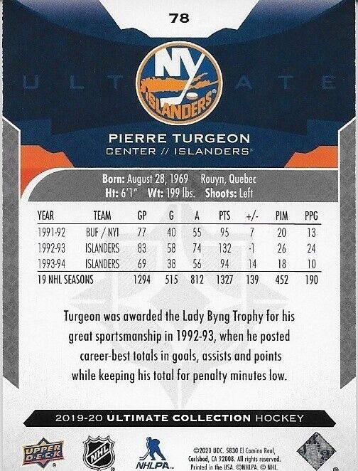 Autographed UD 19/20 Ultimate Pierre Turgeon New York Islanders Card with HOF 23