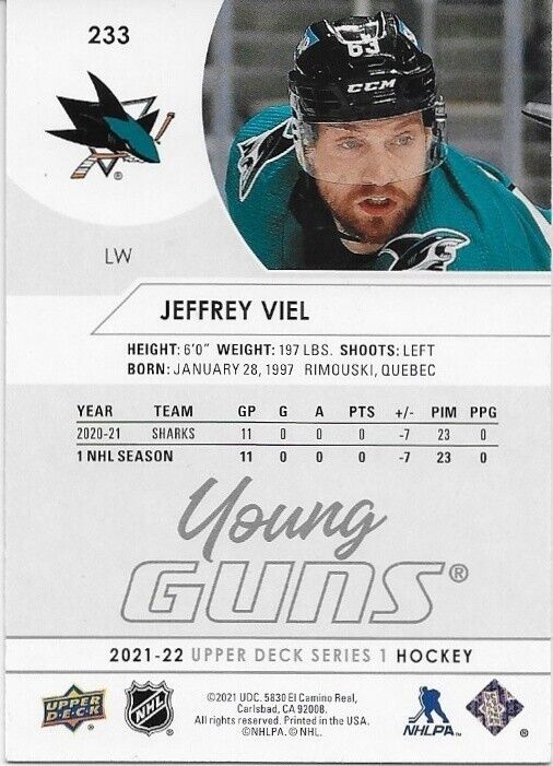 Autographié 21-22 UD San Jose Sharks Young Guns Jeffrey Viel Rookie Crd Original