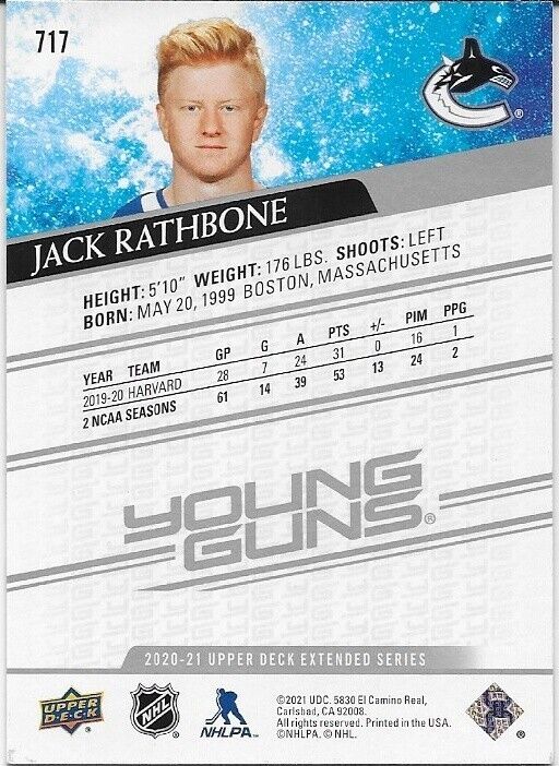 Autographed 20-21 UD Vancouver Canucks Young Guns Jack Rathbone Rookie Card
