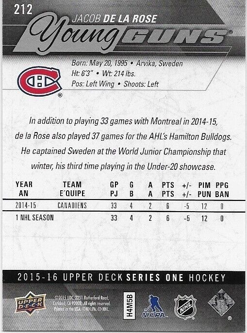 Autographed 15-16 UD Montreal Canadiens Young Guns Jacob De La Rose Rookie Card