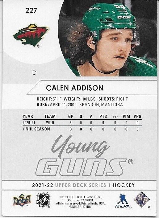 Carte de recrue autographiée 21-22 Upper Deck Minnesota Wild Young Guns Calen Addison