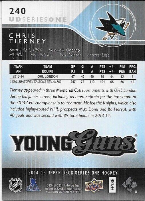 Carte de recrue Upper Deck 2014-15 signée Chris Tierney Young Guns par les Sharks de San Jose