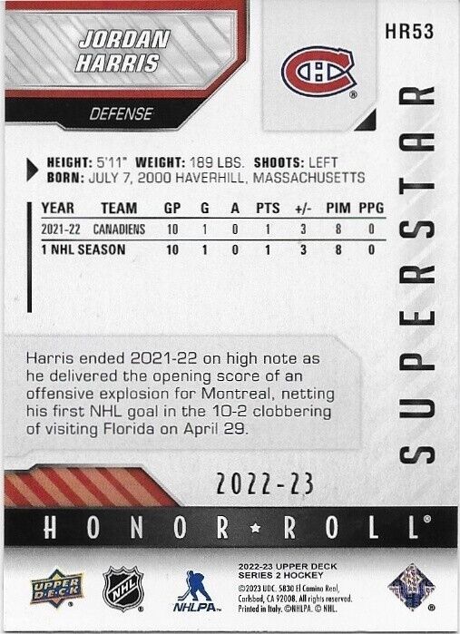 Carte autographiée 22/23 Upper Deck Honor Roll de Jordan Harris des Canadiens de Montréal