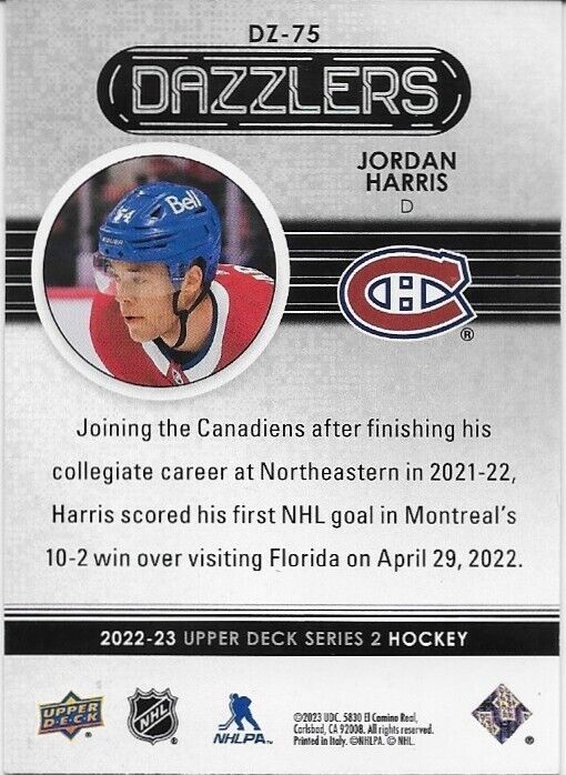 Carte autographiée 22/23 Upper Deck Dazzlers Jordan Harris des Canadiens de Montréal