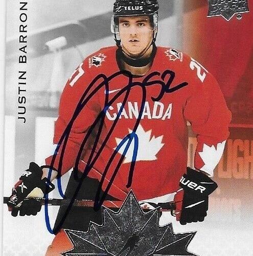 Carte autographiée 2021 Upper Deck Team Canada Juniors Justin Barron Original