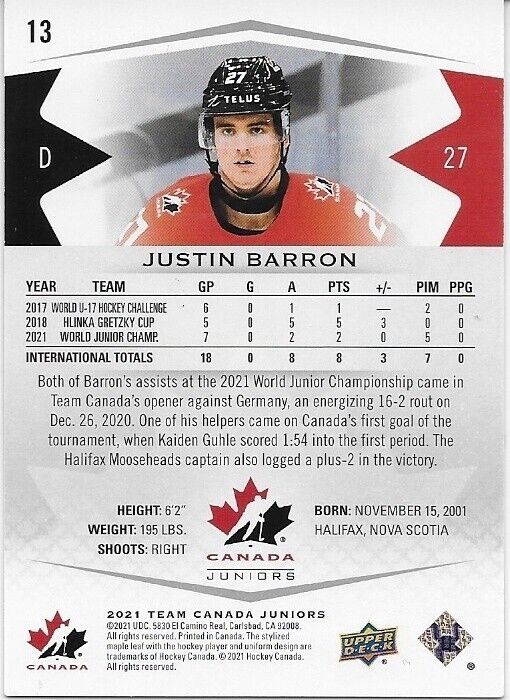 Carte autographiée 2021 Upper Deck Team Canada Juniors Justin Barron Original