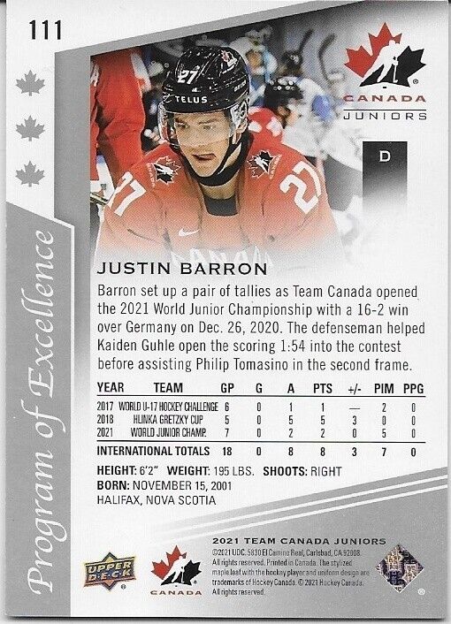 Carte autographiée 2021 Upper Deck Team Canada Juniors Justin Barron Original