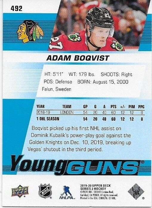 Autographed 19-20 UD Chicago Blackhawks Young Guns Adam Boqvist Rookie Card