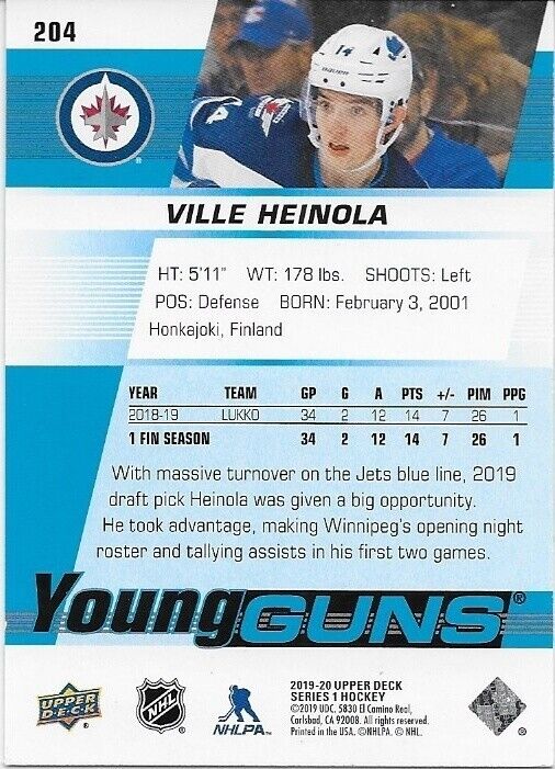 Carte de recrue autographiée UD 2019-20 des Young Guns des Jets de Winnipeg Ville Heinola