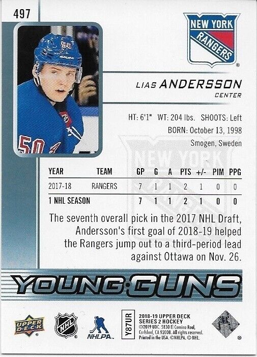Autographed 18-19 UD New York Rangers Young Guns Lias Andersson Rookie Card