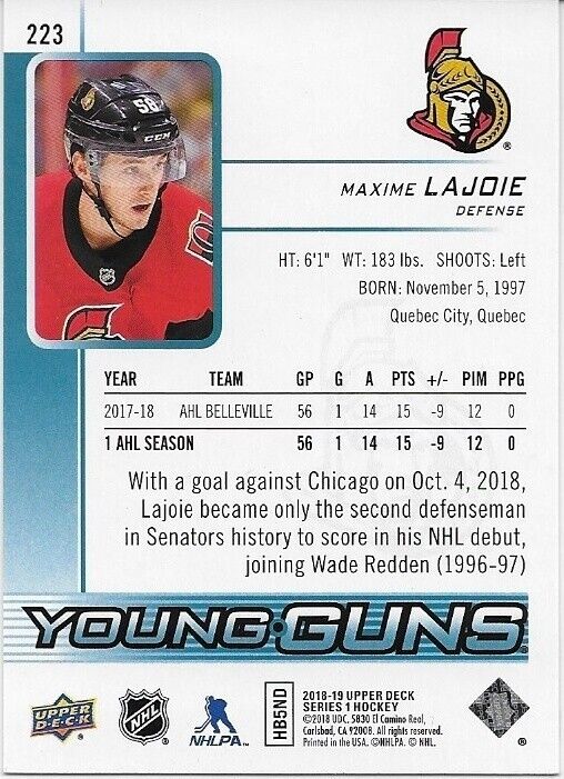 Autographed 18-19 UD Ottawa Senators Young Guns Maxime Lajoie Signed Rookie Card