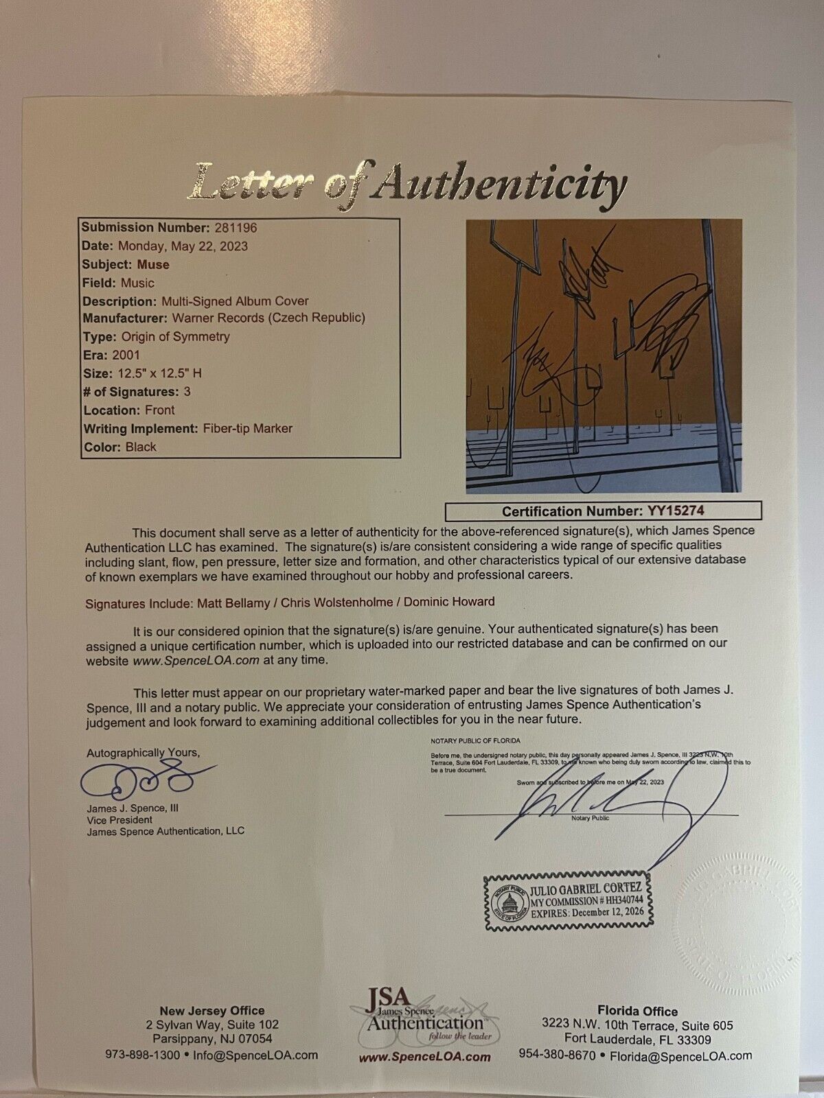 Autographed Muse Origin of Symmetry LP signed by all 3 Vinyl JSA Matt Bellamy