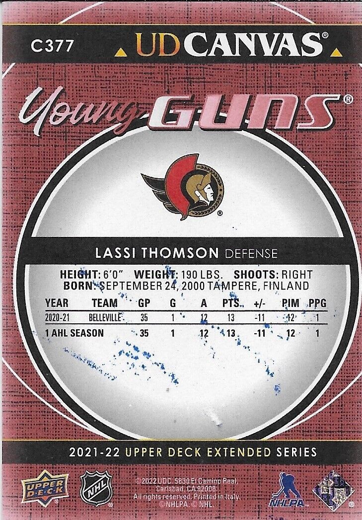 Carte de recrue autographiée 21-22 des Sénateurs d'Ottawa Young Guns Lassi Thomson en toile