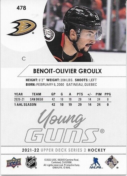 Signed Benoit Olivier Giroux 21-22 Anaheim Ducks UD Young Guns Rookie Card #1