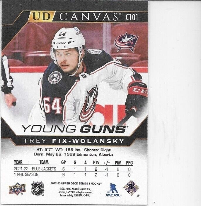 Auto. 2022-23 UD Columbus Blue Jackets Trey Fix Wolansky Young Guns Canvas Card