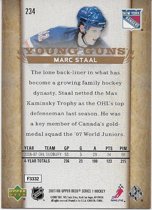 Autographed 2007-08 UD New York Rangers Marc Staal Young Guns Rookie Card