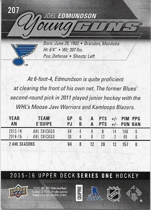 Autographed 2015-16 UD St. Louis Blues Joel Edmundson Young Guns Rookie Card