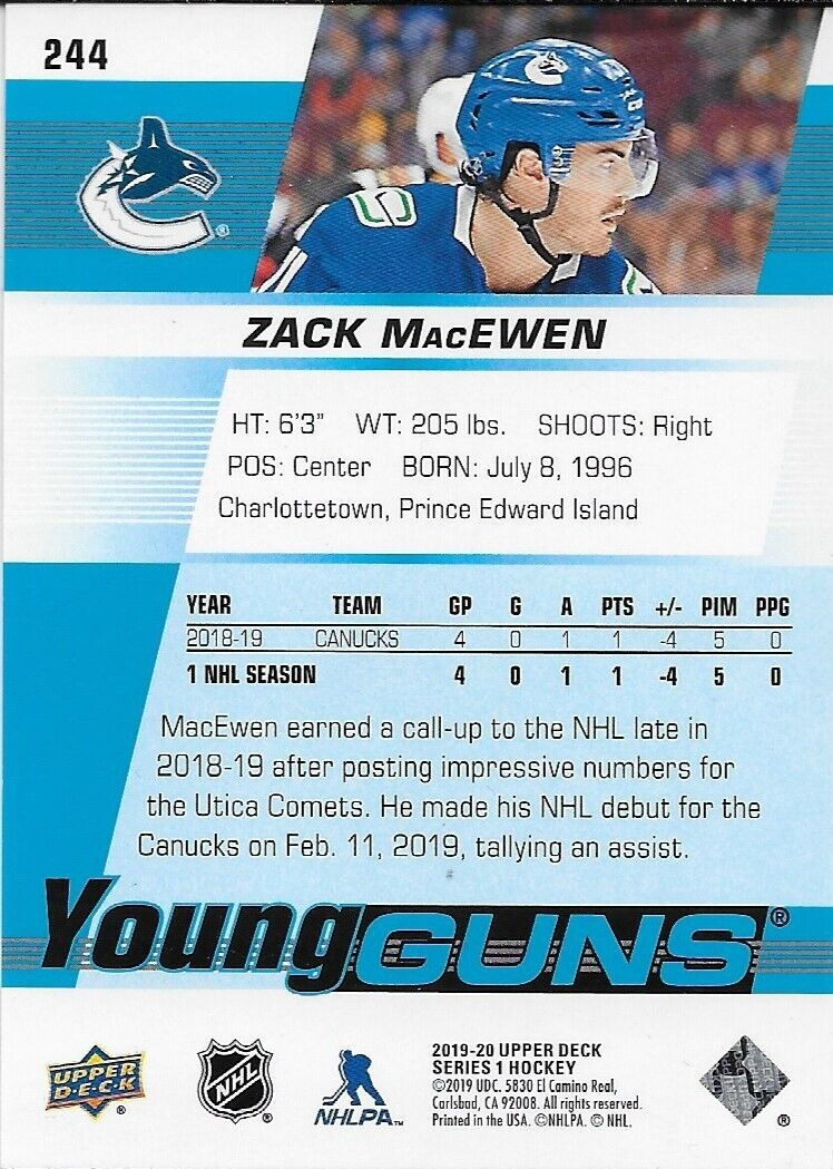 Autographed 2019-20 UD Vancouver Canucks Zack MacEwen Young Guns Rookie Card