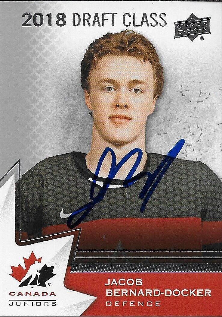 Carte autographiée UD Team Canada Juniors 2020 Jacob Bernard Docker #1 Original