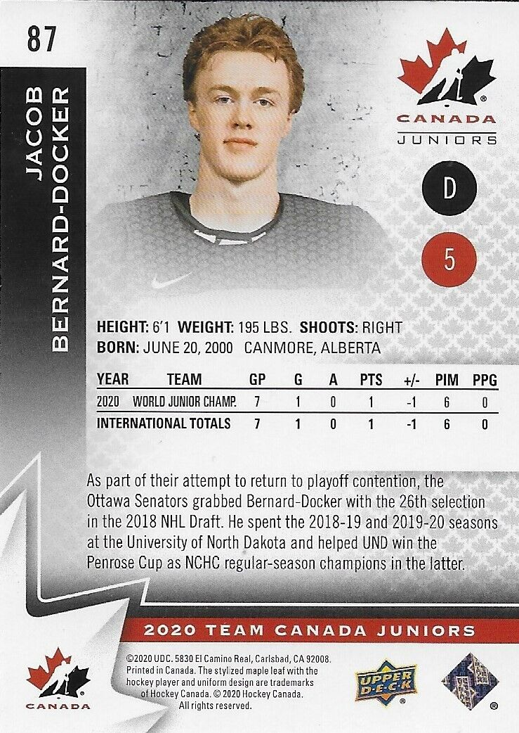 Carte autographiée UD Team Canada Juniors 2020 Jacob Bernard Docker #1 Original