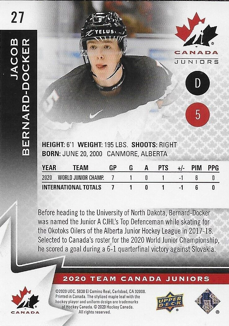 Carte autographiée UD Team Canada Juniors 2020 Jacob Bernard Docker #2 Original